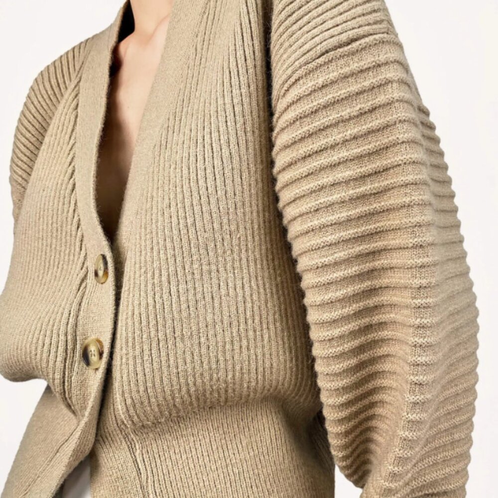 Tan Ribbed Knit Cardigan - Picture 3 of 5